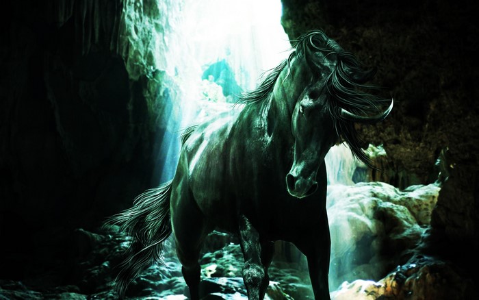 Black horse in a mystical cave with light beams