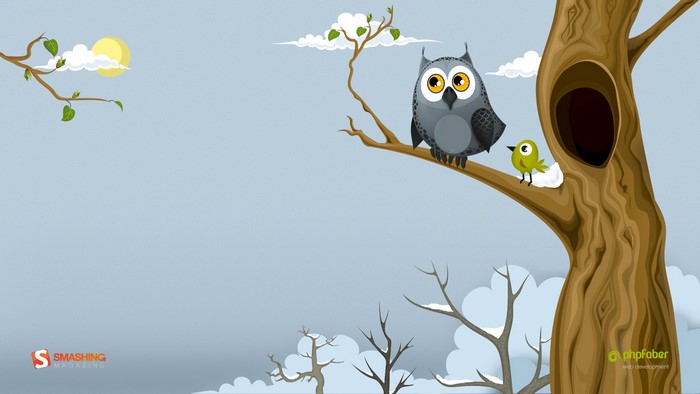 Cartoon owl and bird on a tree branch