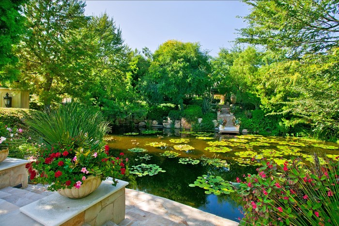 Garden pond with lily pads and stone stairs