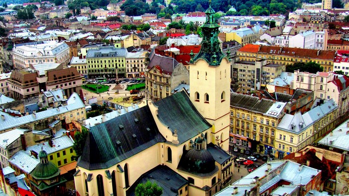 Lviv, Ukraine: Aerial View of Old Town and Church Tower