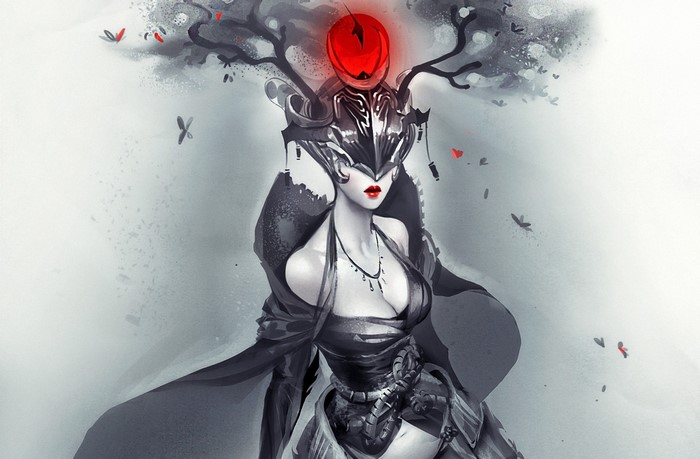 Woman with ornate mask and red orb on head