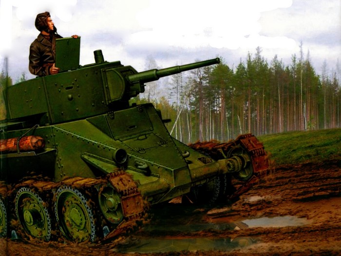Painting of a Soviet BT-7 tank in a muddy field