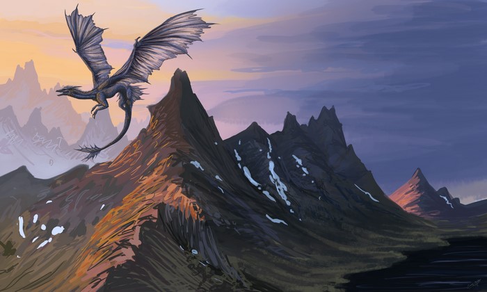 Dragon flying over mountains at sunset