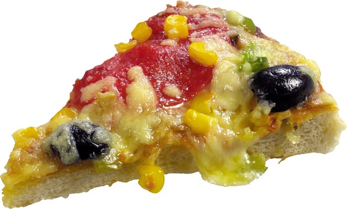 Slice of pizza with olives and corn