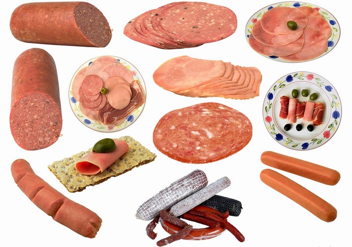 Assortment of cured meats, sausages, and hot dogs