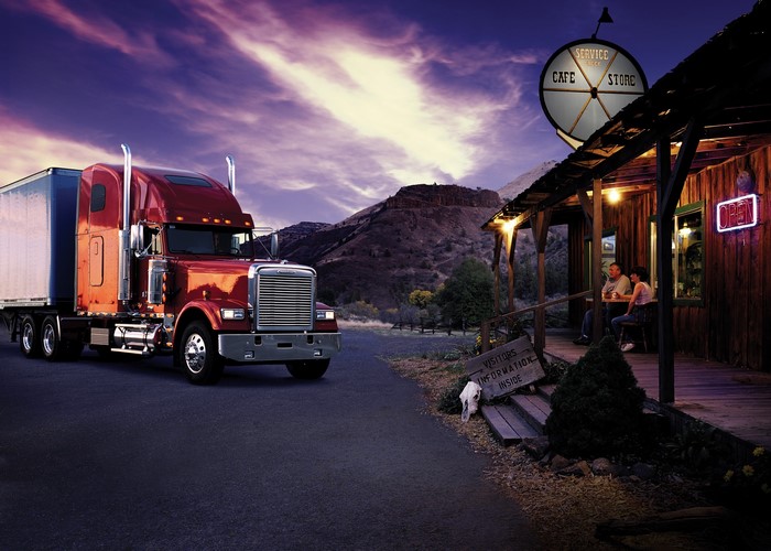 Red Freightliner Truck at a roadside cafe