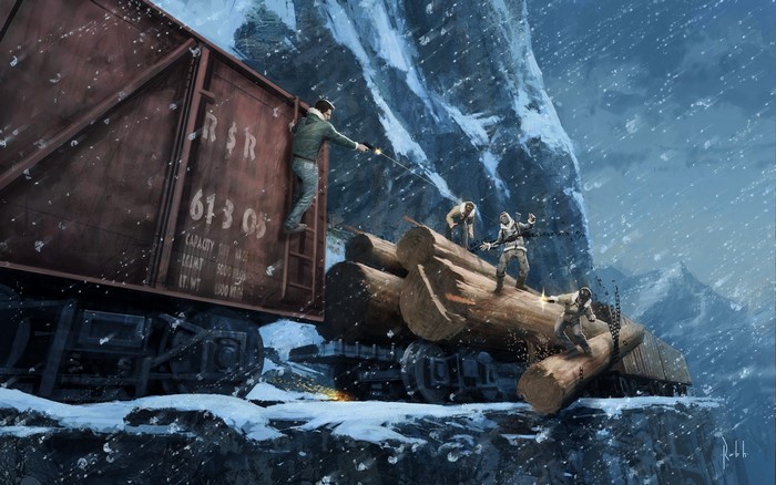Uncharted train heist in snowy mountains