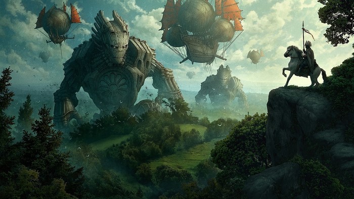 Giant robots and airships over a misty landscape