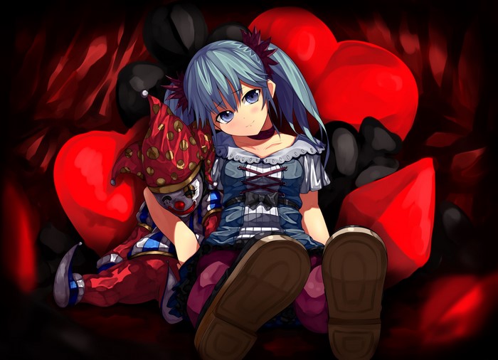 Girl with Clown Doll and Hearts