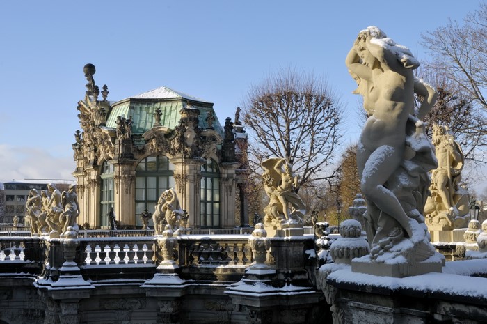 Zwinger Palace sculptures in Dresden, Germany during winter