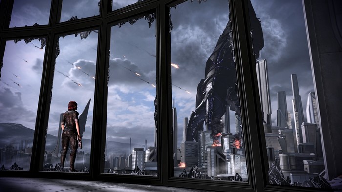 Commander Shepard from Mass Effect 3 during an attack