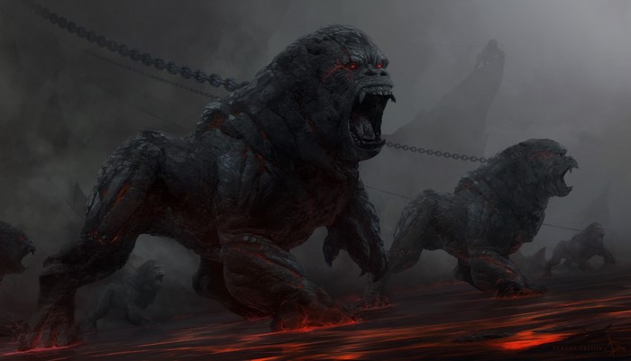 Monsters chained in a volcanic landscape