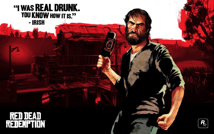 Irish from Red Dead Redemption holding a bottle