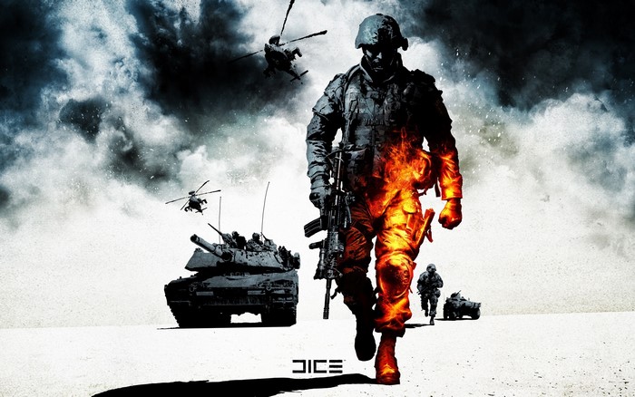 Battlefield soldier with tank and helicopters