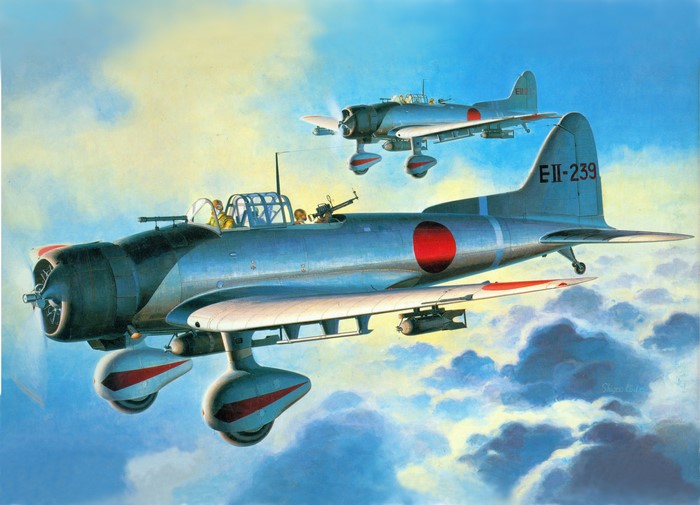Two Japanese WWII Dive Bombers in Flight