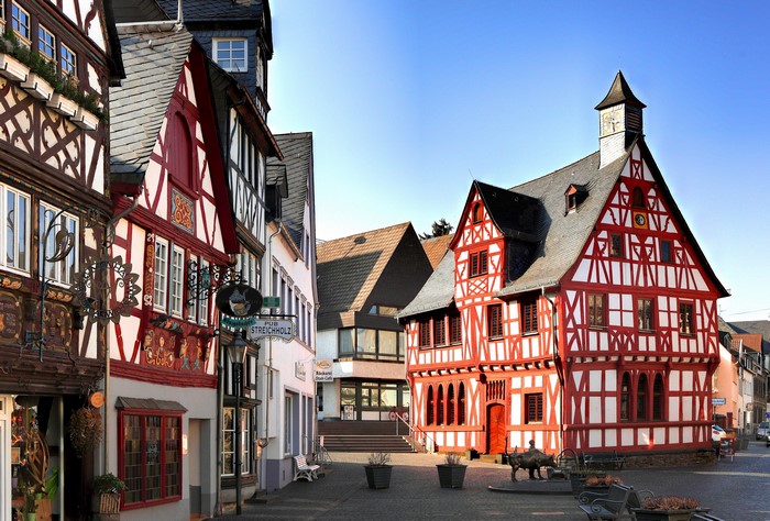 Half-timbered houses in a German town square