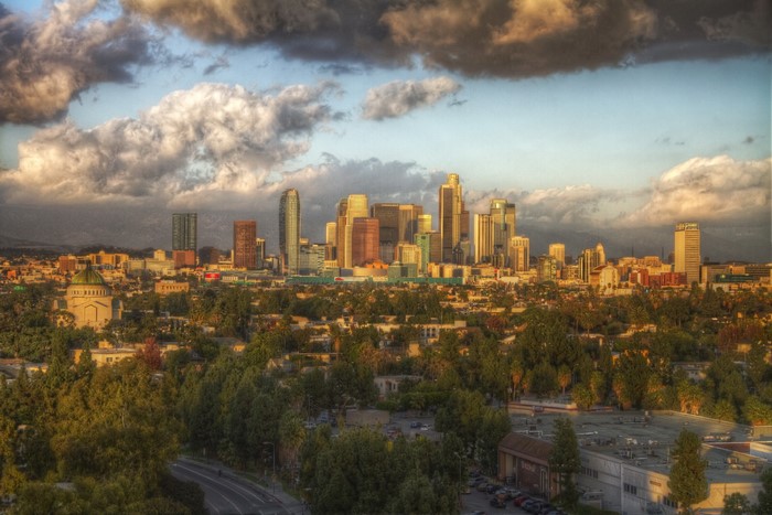 Downtown Los Angeles skyline with clouds