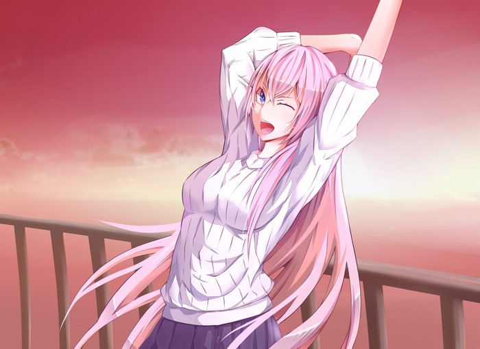Luka Megurine from Vocaloid stretching on a balcony