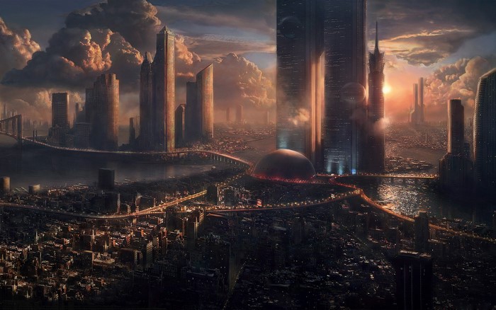 Futuristic city with skyscrapers and bridges at sunset