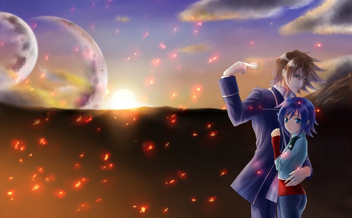 Cardfight!! Vanguard characters in a sunset landscape