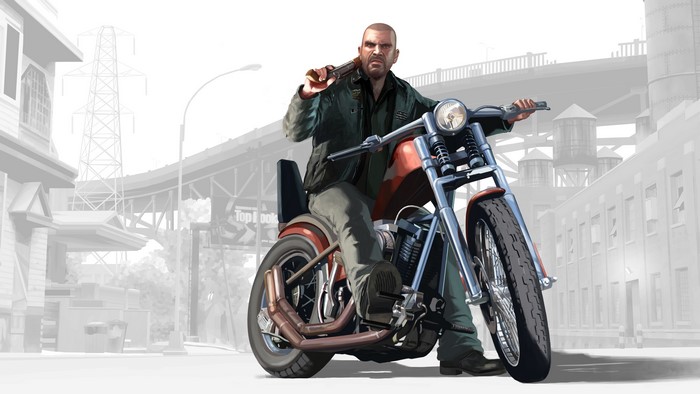 Niko Bellic from Grand Theft Auto IV on a motorcycle