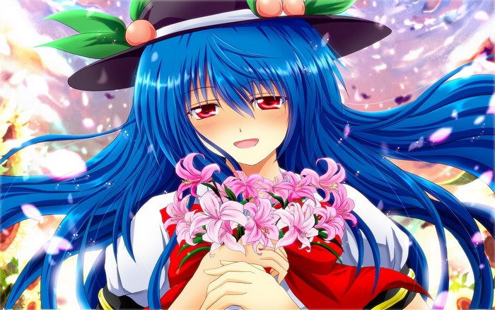 Tenshi Hinanawi from Touhou Project holding flowers