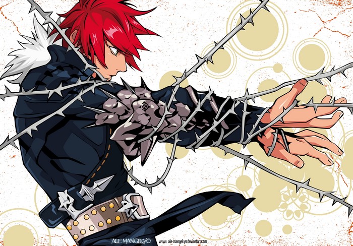 Young man with red hair entangled in thorns