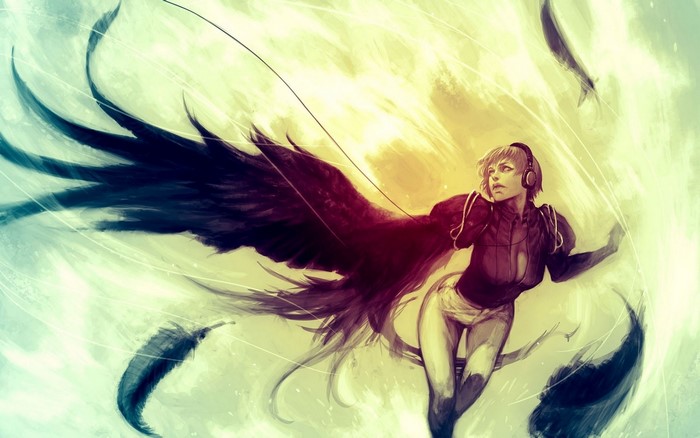 Woman with black wings and headphones