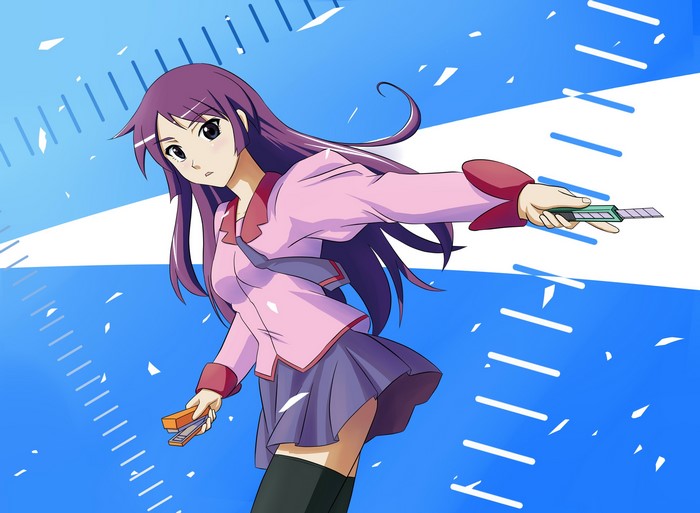Shinobu Oshino from Bakemonogatari holding a cutter and stapler
