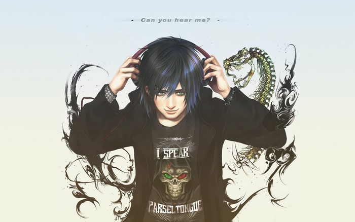 Young man with headphones and snake