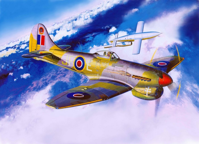 Painting of a Supermarine Spitfire and a V-1 flying bomb