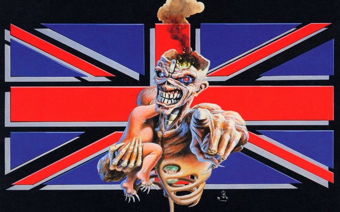 Eddie from Iron Maiden holding a baby in front of the Union Jack