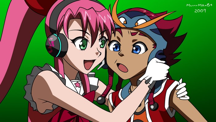 Two characters from Basquash! embracing