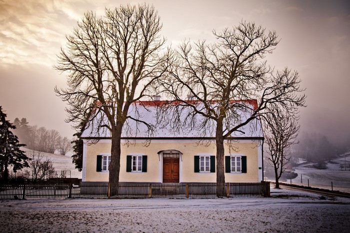 Yellow house with red roof and trees in winter
