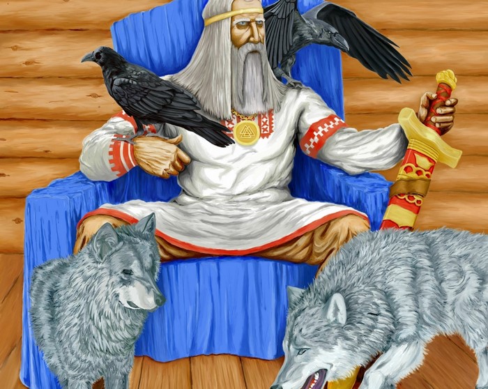 Old man with beard, ravens, wolves, and sword