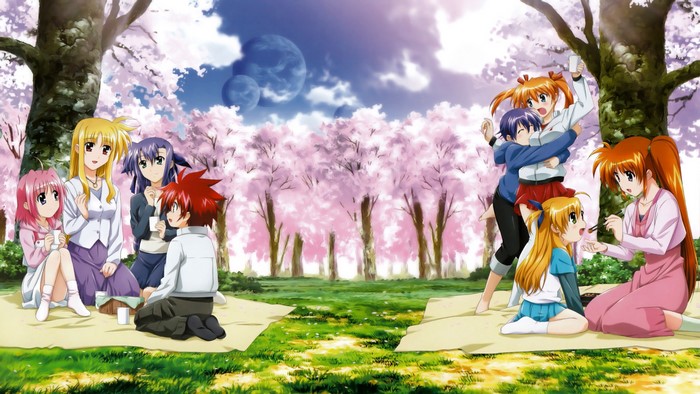 Mahou Shoujo Lyrical Nanoha characters having a picnic