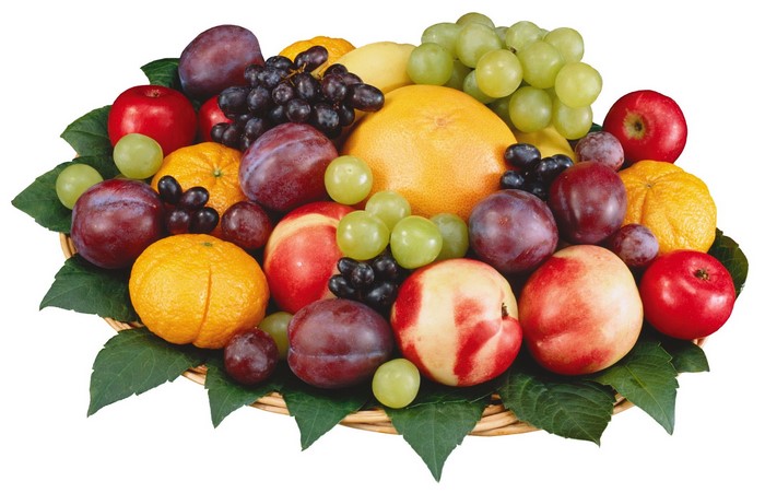 Fruit basket with apples, plums, grapes, oranges, and grapefruit