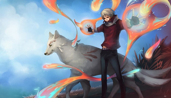 Young man with a white fox and fire magic
