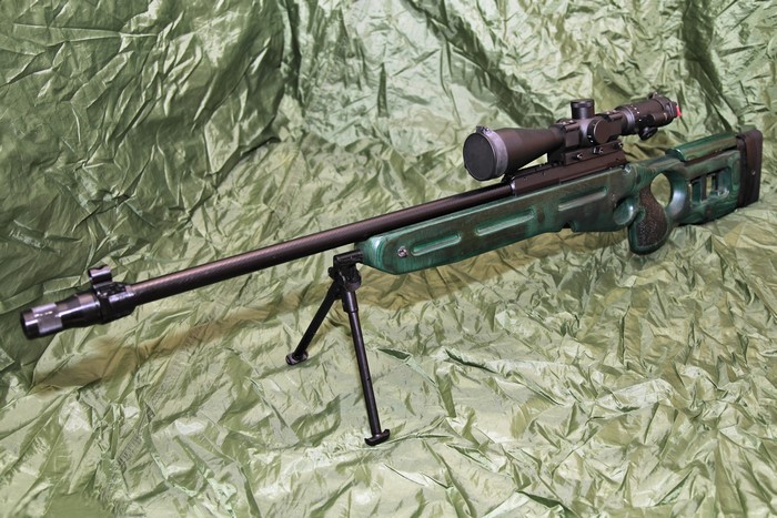 Sniper rifle with telescopic sight and bipod