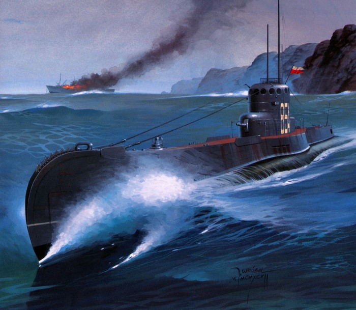 Painting of a submarine attacking a burning ship