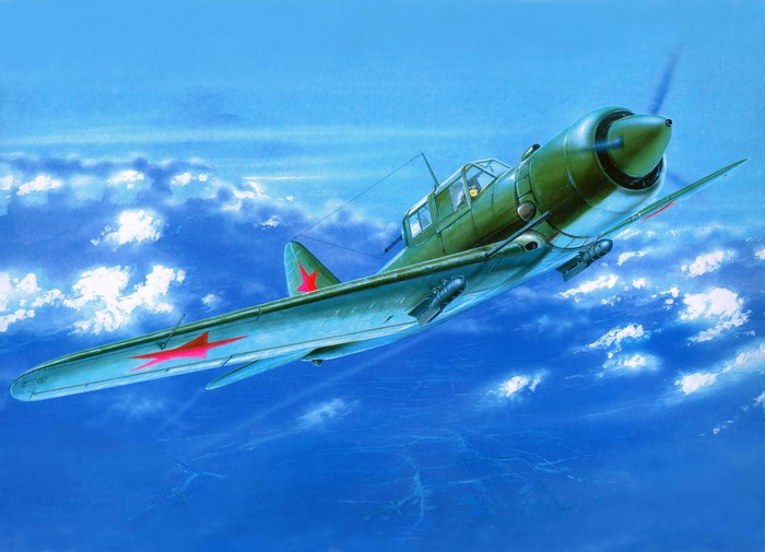 Green Soviet Airplane with Red Stars in Sky