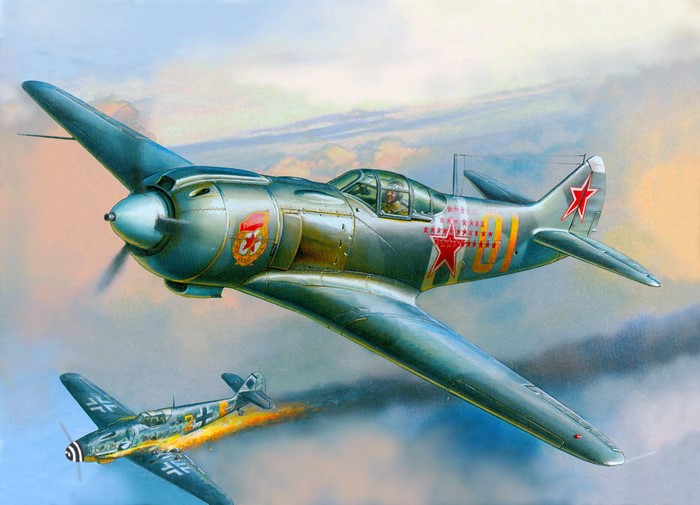 Soviet fighter plane attacking a burning German fighter plane