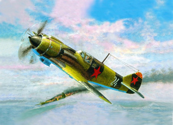 Painting of a Soviet fighter plane in combat