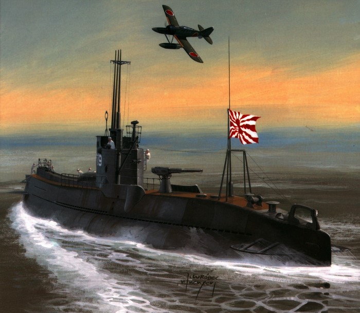 Japanese submarine and floatplane painting