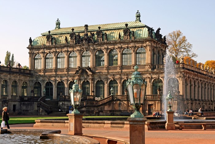 Zwinger Palace with fountain and lamps