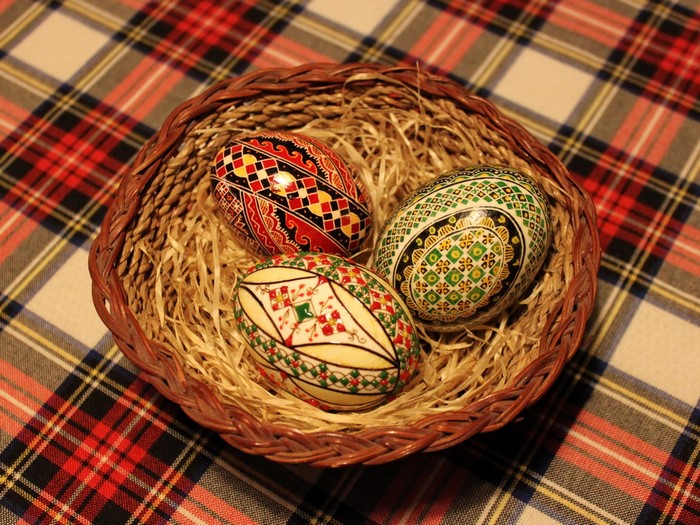 Decorated Easter eggs in a basket