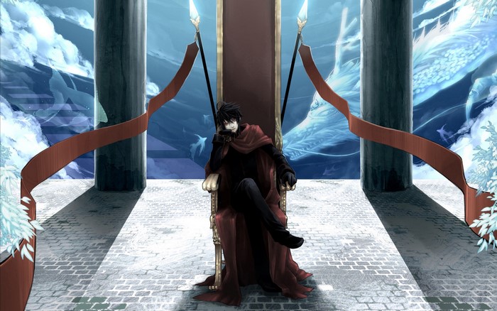 Man in red cape on throne