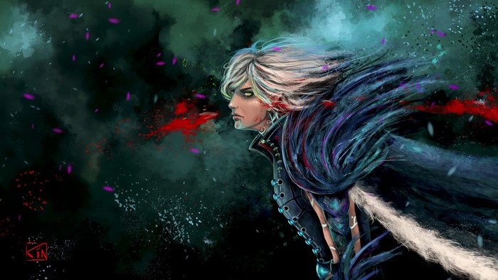 Character from Dragon Age with white hair and dark armor