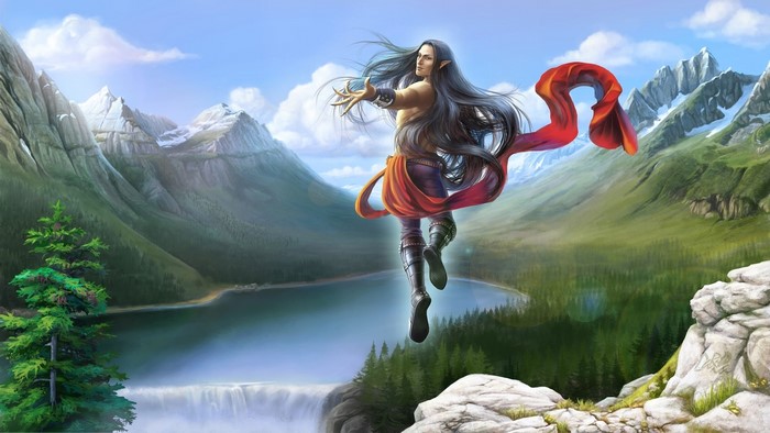 Elf floating over a waterfall and lake in mountains