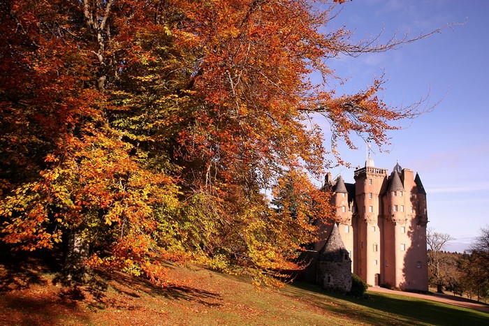 Craigievar Castle in Scotland during autumn